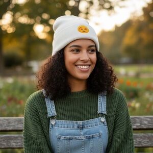 Cute Emoji Cream Beanie - Fits a larger head.